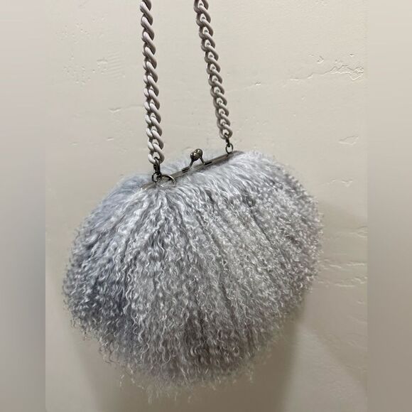 Gray Handmade Genuine Mongolian Lamb Fur Kisslock Clutch/Shoulder Bag/Crossbody - Picture 12 of 16